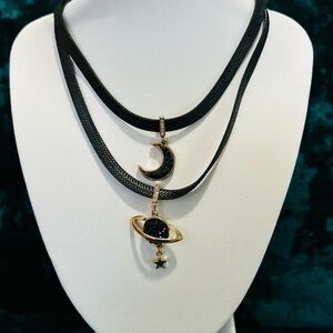 2 Gold Tone Moon & Planet Layered Pendant Necklace in Black
